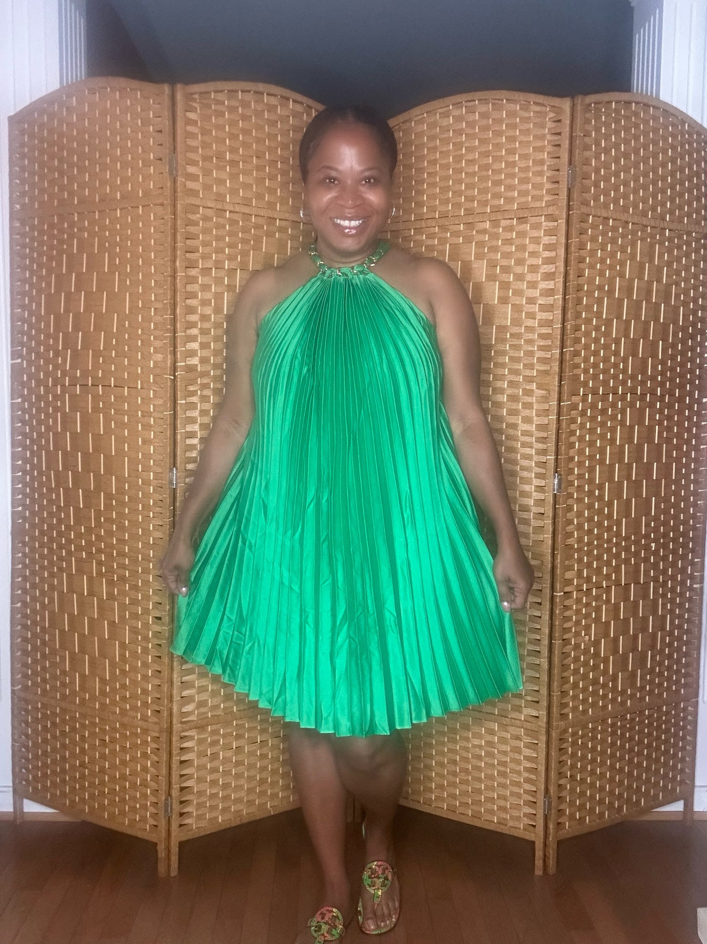 For The Love Of Green Satin Halter Dress
